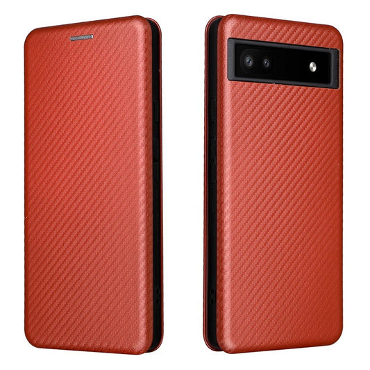 Carbon Fiber Texture Magnetic Auto-absorbed Leather Phone Case Protective Cover with Stand and Card Slot for Google Pixel 6a - Orange