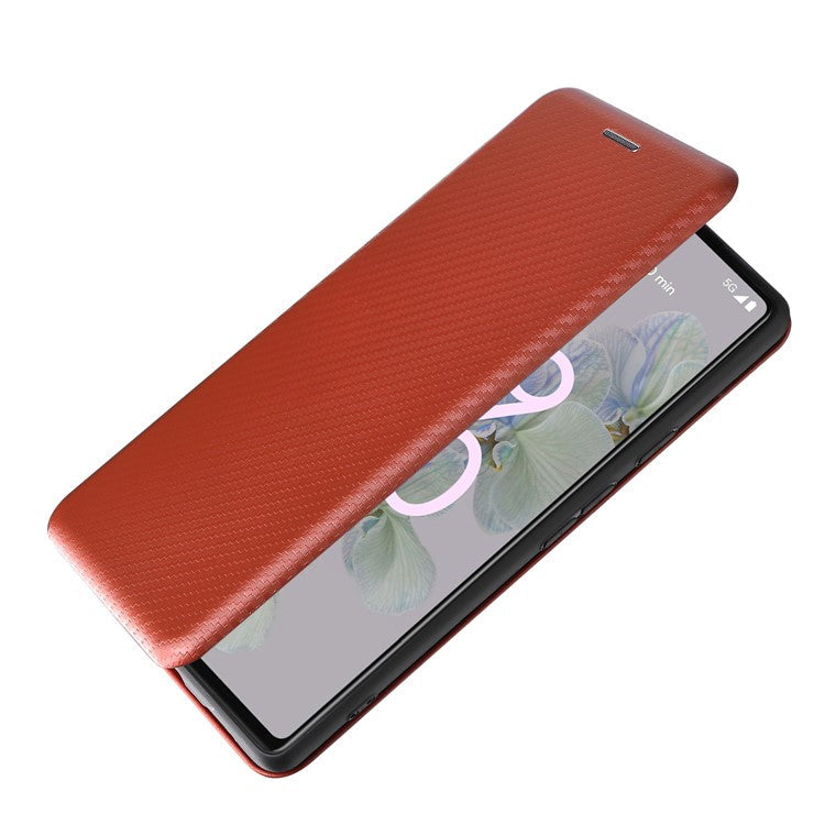 Carbon Fiber Texture Magnetic Auto-absorbed Leather Phone Case Protective Cover with Stand and Card Slot for Google Pixel 6a - Orange