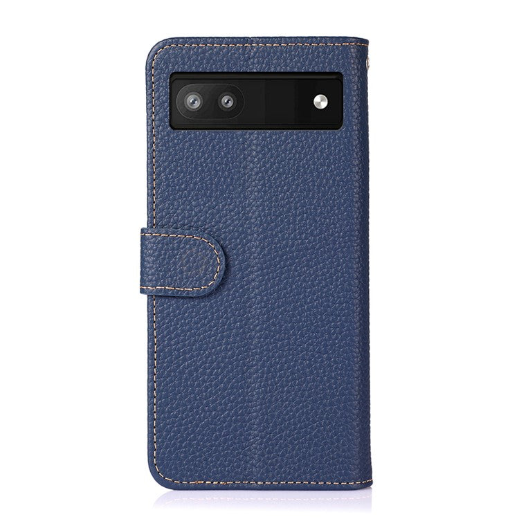 KHAZNEH Litchi Texture Genuine Leather Cover Folio Flip Phone Case with Stand Wallet for Google Pixel 6a - Blue