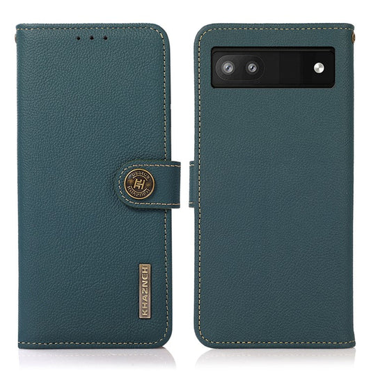 KHAZNEH Genuine Leather + TPU RFID Blocking Phone Case with Stand Wallet for Google Pixel 6a - Green