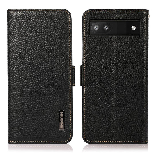 KHAZNEH Genuine Leather Litchi Texture Protective Cover RFID Blocking Phone Case for Google Pixel 6a - Black