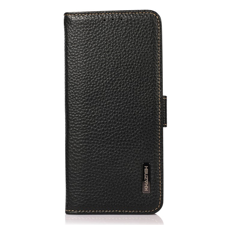 KHAZNEH Genuine Leather Litchi Texture Protective Cover RFID Blocking Phone Case for Google Pixel 6a - Black