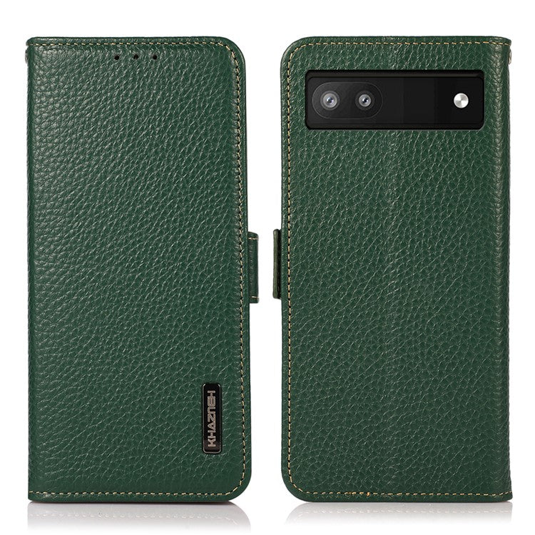 KHAZNEH Genuine Leather Litchi Texture Protective Cover RFID Blocking Phone Case for Google Pixel 6a - Green