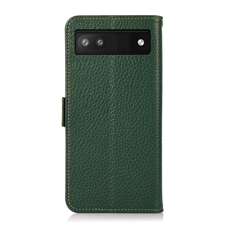 KHAZNEH Genuine Leather Litchi Texture Protective Cover RFID Blocking Phone Case for Google Pixel 6a - Green