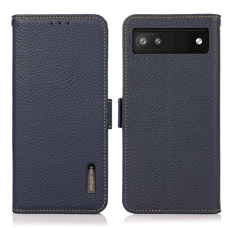 KHAZNEH Genuine Leather Litchi Texture Protective Cover RFID Blocking Phone Case for Google Pixel 6a - Blue