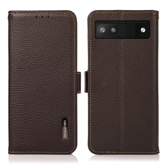 KHAZNEH Genuine Leather Litchi Texture Protective Cover RFID Blocking Phone Case for Google Pixel 6a - Brown