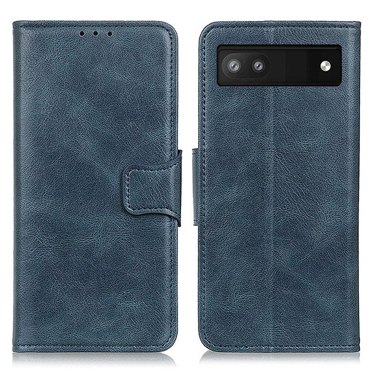 PU Leather Wallet Stand Case Crazy Horse Texture Shockproof Phone Cover Shell for Google Pixel 6a - Blue