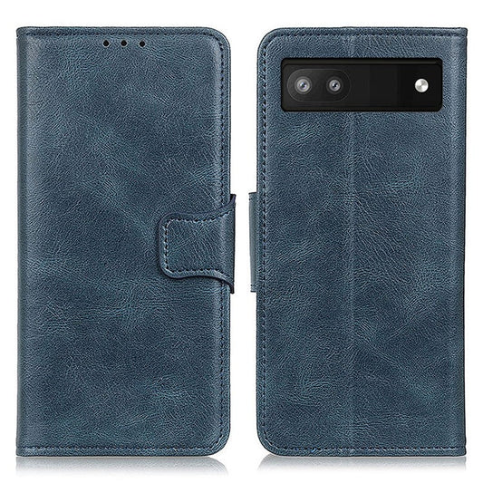 PU Leather Wallet Stand Case Crazy Horse Texture Shockproof Phone Cover Shell for Google Pixel 6a - Blue