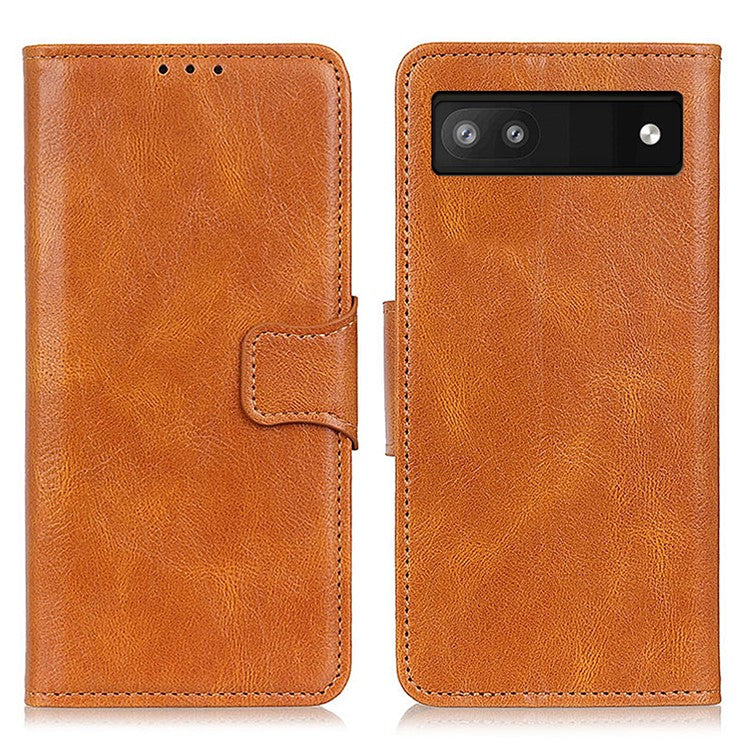PU Leather Wallet Stand Case Crazy Horse Texture Shockproof Phone Cover Shell for Google Pixel 6a - Brown