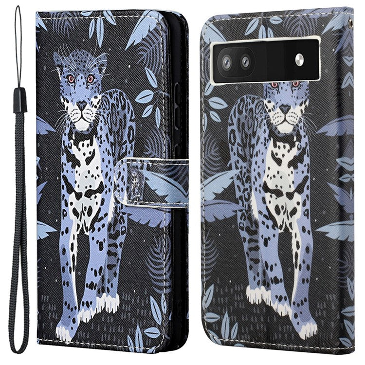 Magnetic Closed PU Leather Phone Protector Cross Texture Folding Phone Case with Stand Wallet for Google Pixel 6a - Leopard