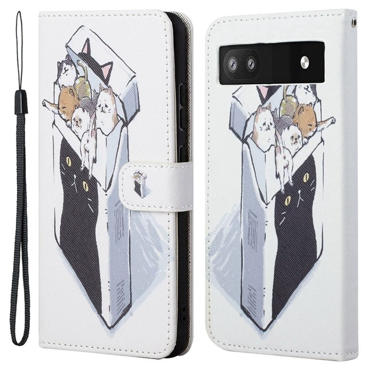 Magnetic Closed PU Leather Phone Protector Cross Texture Folding Phone Case with Stand Wallet for Google Pixel 6a - Cats