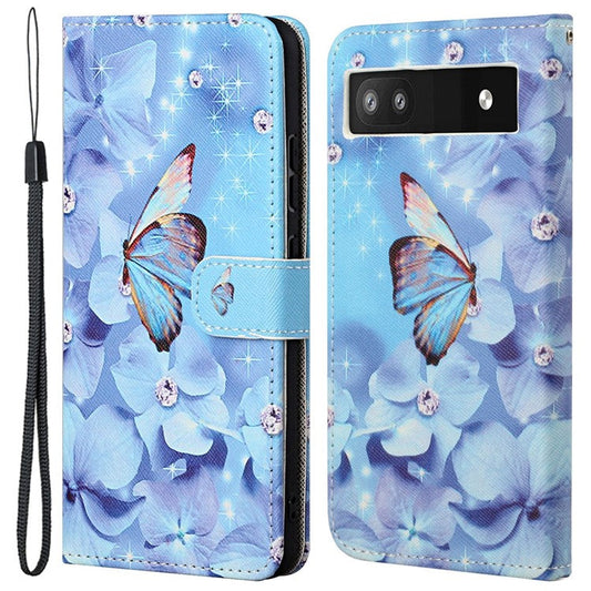 Magnetic Closed PU Leather Phone Protector Cross Texture Folding Phone Case with Stand Wallet for Google Pixel 6a - Butterfly & Flowers