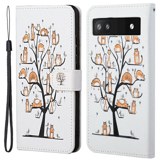Magnetic Closed PU Leather Phone Protector Cross Texture Folding Phone Case with Stand Wallet for Google Pixel 6a - Cats on the Tree