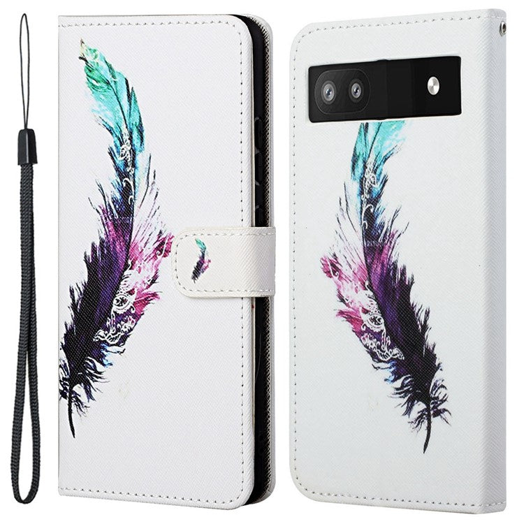 Magnetic Closed PU Leather Phone Protector Cross Texture Folding Phone Case with Stand Wallet for Google Pixel 6a - Colorful Feather