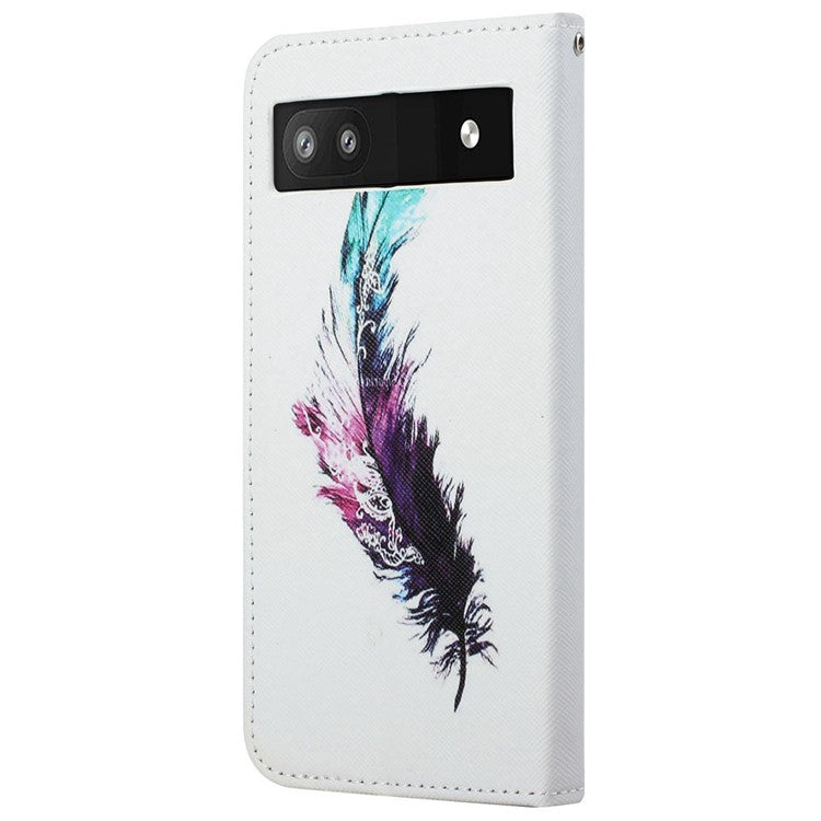 Magnetic Closed PU Leather Phone Protector Cross Texture Folding Phone Case with Stand Wallet for Google Pixel 6a - Colorful Feather