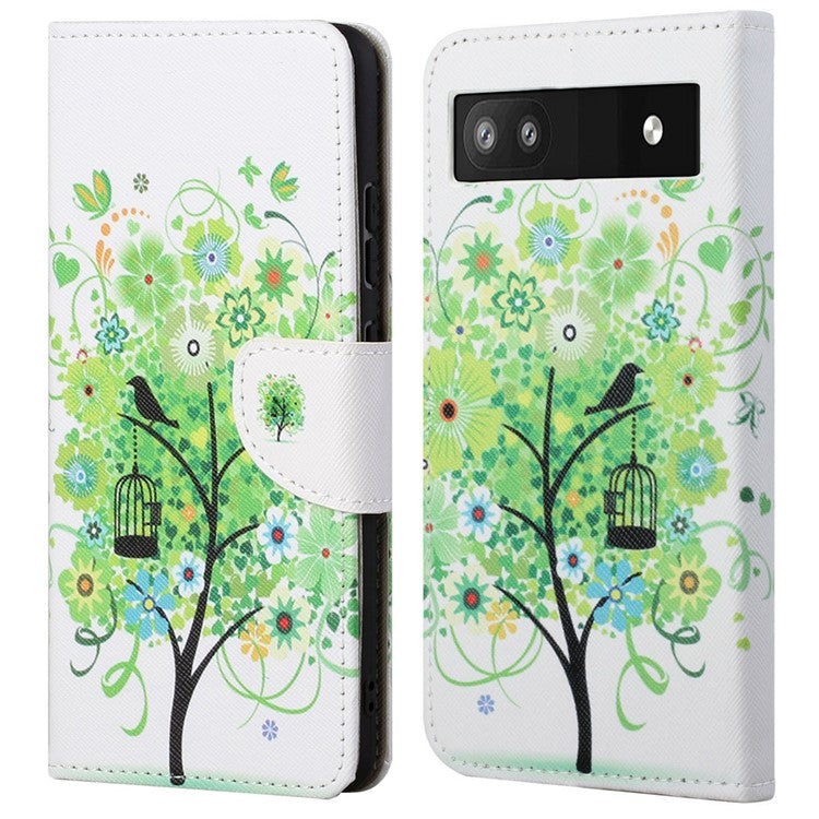 Magnetic Closed Folding Phone Case Cross Texture PU Leather Protective Cover with Wallet for Google Pixel 6a - Green Tree