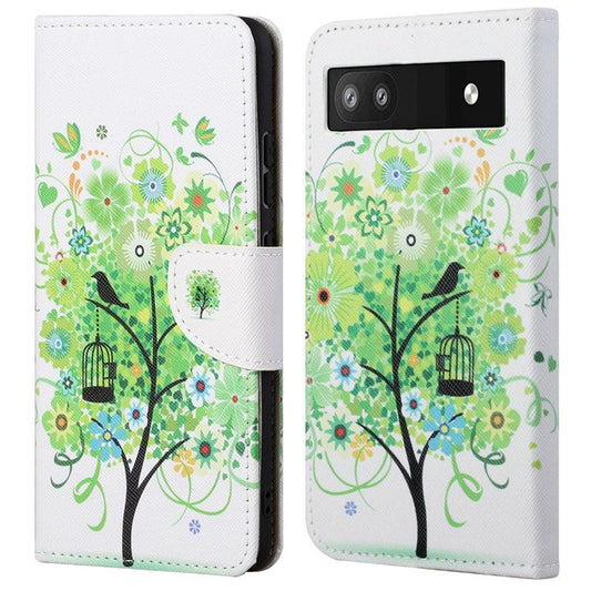 Magnetic Closed Folding Phone Case Cross Texture PU Leather Protective Cover with Wallet for Google Pixel 6a - Green Tree