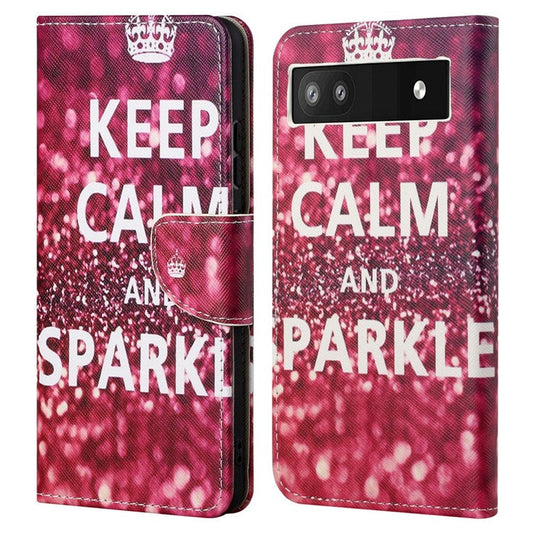 Magnetic Closed Folding Phone Case Cross Texture PU Leather Protective Cover with Wallet for Google Pixel 6a - Keep Calm and Sparkle
