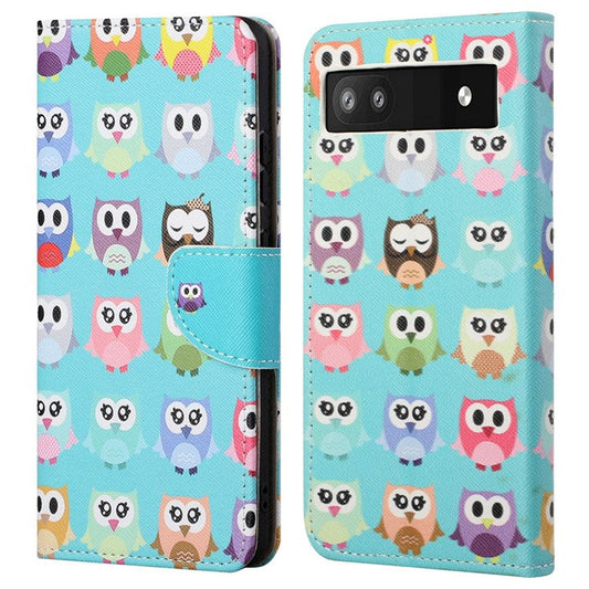 Magnetic Closed Folding Phone Case Cross Texture PU Leather Protective Cover with Wallet for Google Pixel 6a - Cute Owls