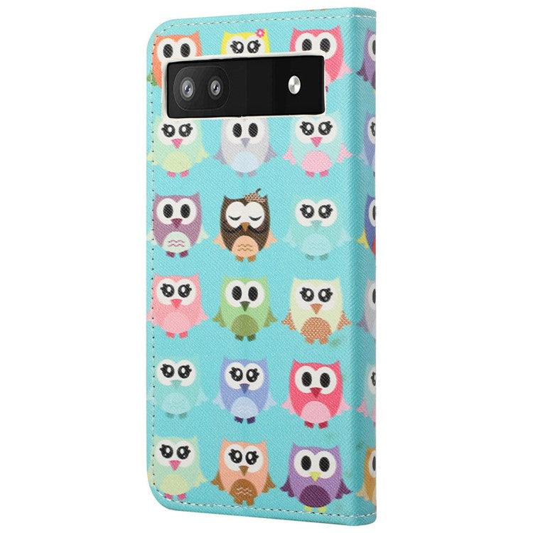 Magnetic Closed Folding Phone Case Cross Texture PU Leather Protective Cover with Wallet for Google Pixel 6a - Cute Owls