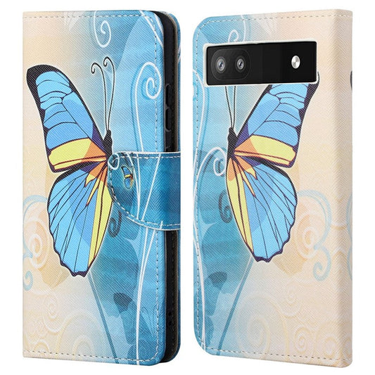 Magnetic Closed Folding Phone Case Cross Texture PU Leather Protective Cover with Wallet for Google Pixel 6a - Blue Butterfly