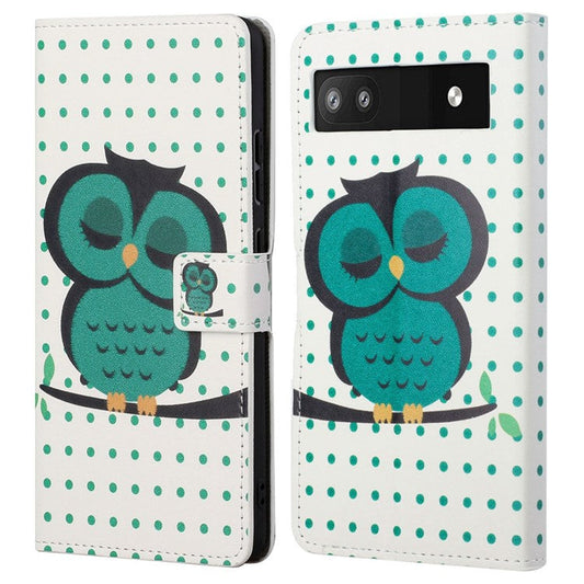 Pattern Printing TPU + PU Leather Stand Magnetic Closure Flip Case with Card Slots and Cash Pocket for Google Pixel 6a - Green Owl