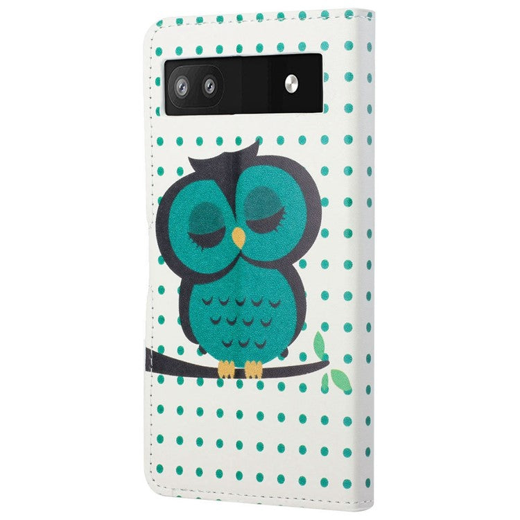 Pattern Printing TPU + PU Leather Stand Magnetic Closure Flip Case with Card Slots and Cash Pocket for Google Pixel 6a - Green Owl