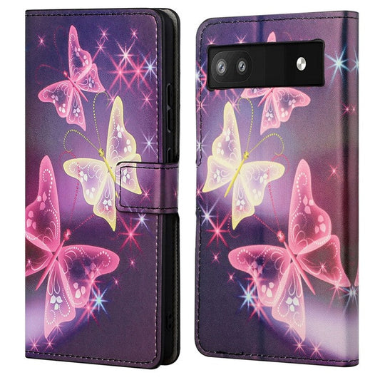 Pattern Printing TPU + PU Leather Stand Magnetic Closure Flip Case with Card Slots and Cash Pocket for Google Pixel 6a - Sparkle Butterflies