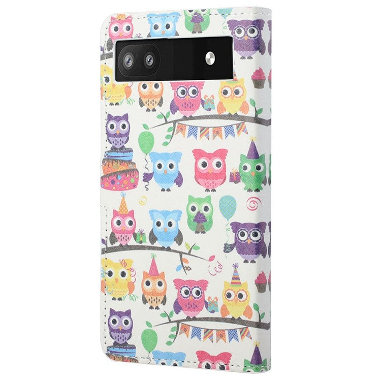 Pattern Printing TPU + PU Leather Stand Magnetic Closure Flip Case with Card Slots and Cash Pocket for Google Pixel 6a - Cute Owls