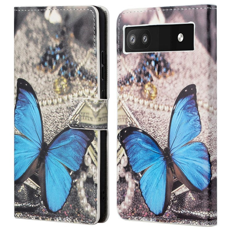 Pattern Printing TPU + PU Leather Stand Magnetic Closure Flip Case with Card Slots and Cash Pocket for Google Pixel 6a - Blue Butterfly