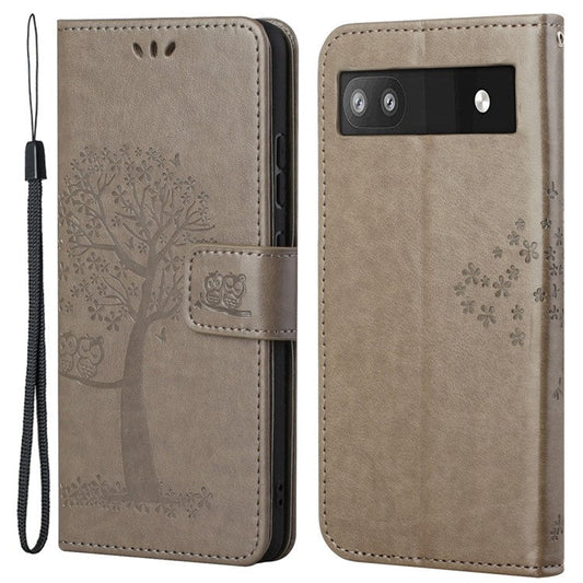 Scratch-proof PU Leather Protective Cover Imprinted Owl Pattern Phone Case with Stand Wallet for Google Pixel 6a - Grey