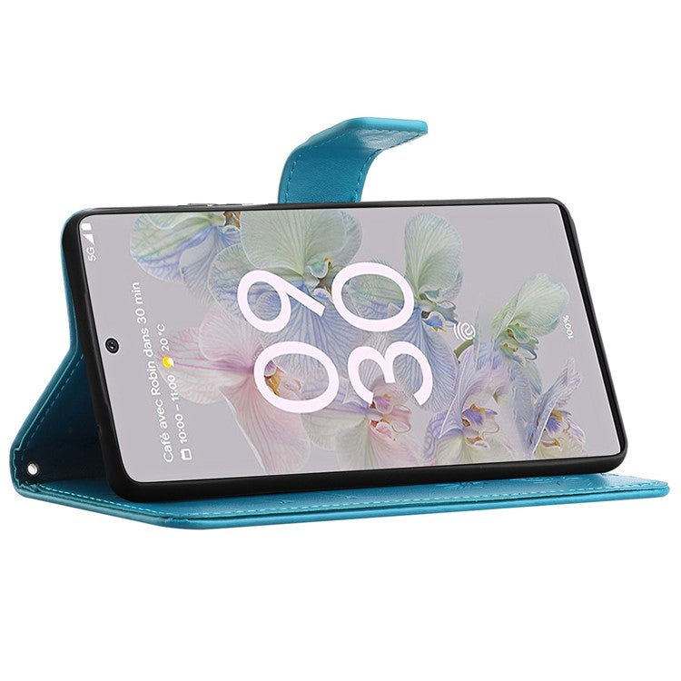 Anti-fall PU Leather Protective Phone Cover Imprinted Butterflies Flower Phone Case with Wallet Stand for Google Pixel 6a - Blue