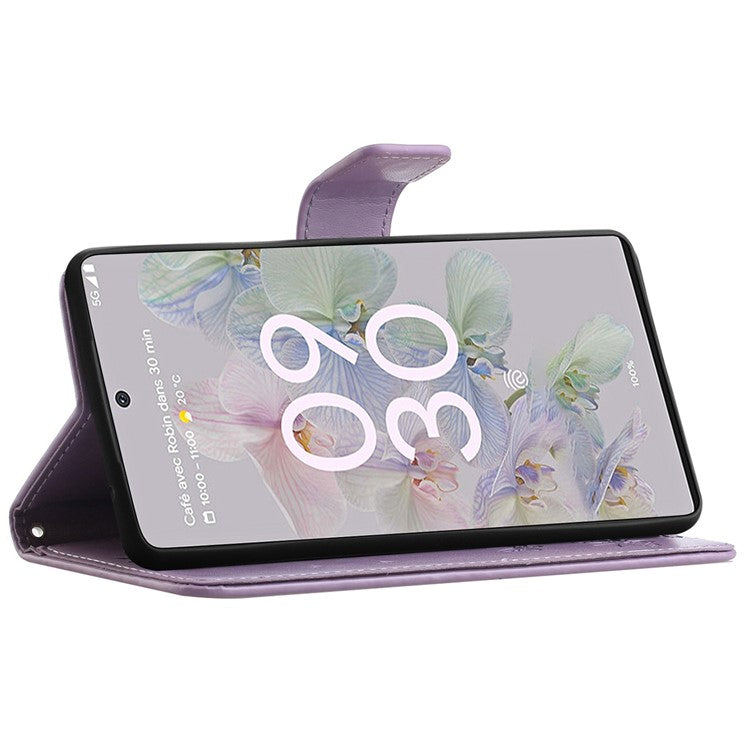 Anti-fall PU Leather Protective Phone Cover Imprinted Butterflies Flower Phone Case with Wallet Stand for Google Pixel 6a - Purple