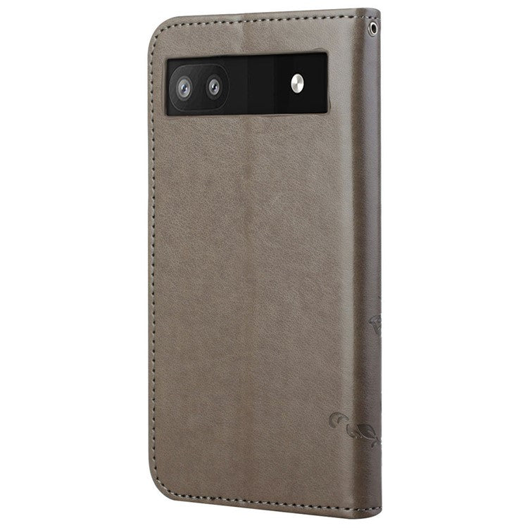 Anti-fall PU Leather Protective Phone Cover Imprinted Butterflies Flower Phone Case with Wallet Stand for Google Pixel 6a - Grey