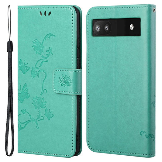 Anti-fall PU Leather Protective Phone Cover Imprinted Butterflies Flower Phone Case with Wallet Stand for Google Pixel 6a - Green