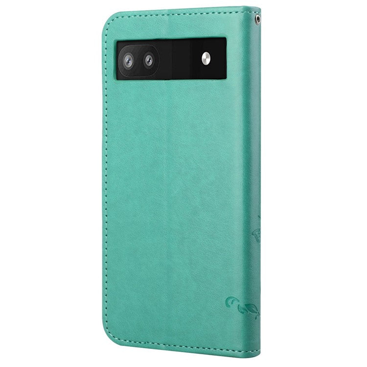 Anti-fall PU Leather Protective Phone Cover Imprinted Butterflies Flower Phone Case with Wallet Stand for Google Pixel 6a - Green