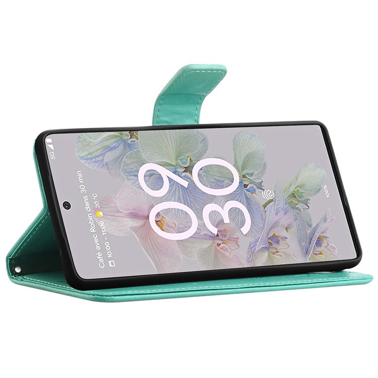 Anti-fall PU Leather Protective Phone Cover Imprinted Butterflies Flower Phone Case with Wallet Stand for Google Pixel 6a - Green