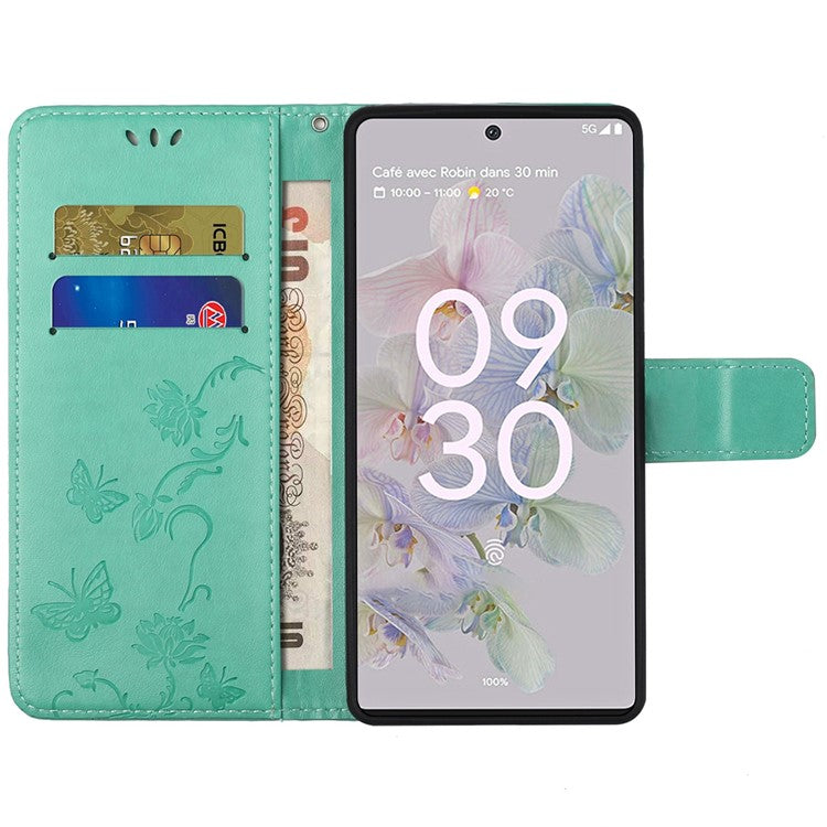 Anti-fall PU Leather Protective Phone Cover Imprinted Butterflies Flower Phone Case with Wallet Stand for Google Pixel 6a - Green