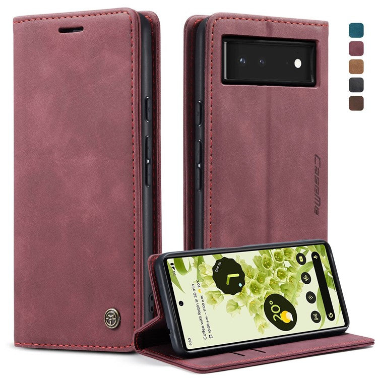 CASEME 013 Series Wallet Stand Design Lightweight Auto-absorbed PU Leather Flip Folio Phone Case for Google Pixel 6 - Red