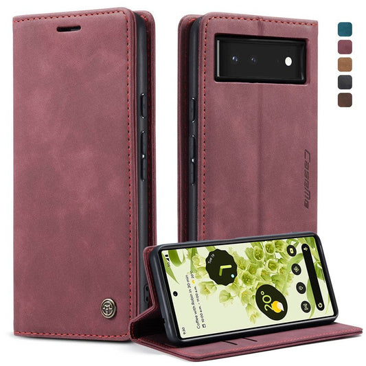 CASEME 013 Series Wallet Stand Design Lightweight Auto-absorbed PU Leather Flip Folio Phone Case for Google Pixel 6 - Red