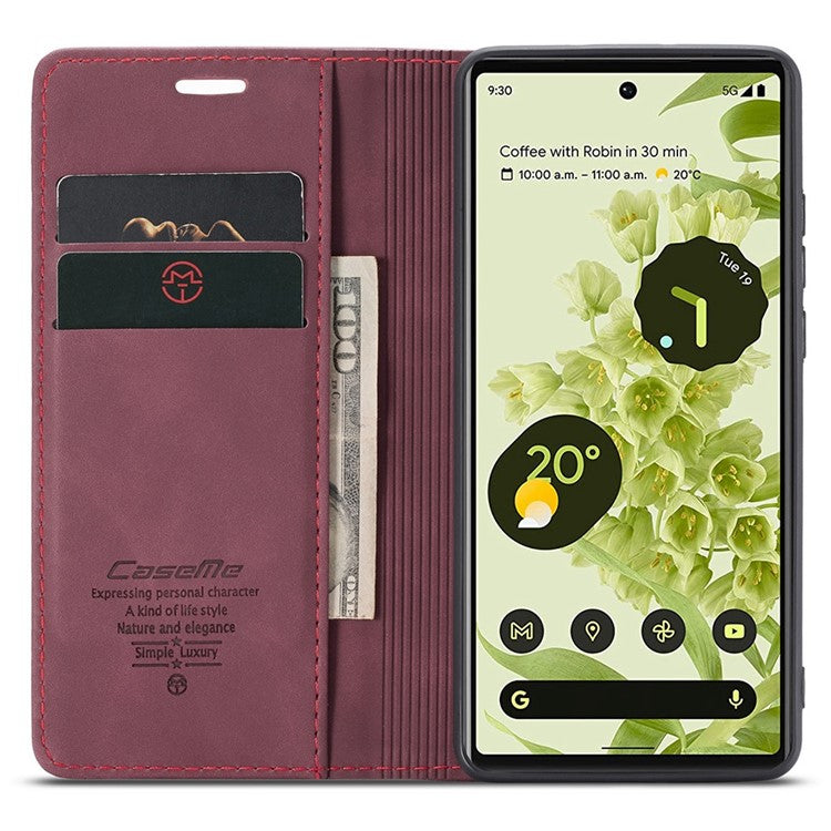 CASEME 013 Series Wallet Stand Design Lightweight Auto-absorbed PU Leather Flip Folio Phone Case for Google Pixel 6 - Red