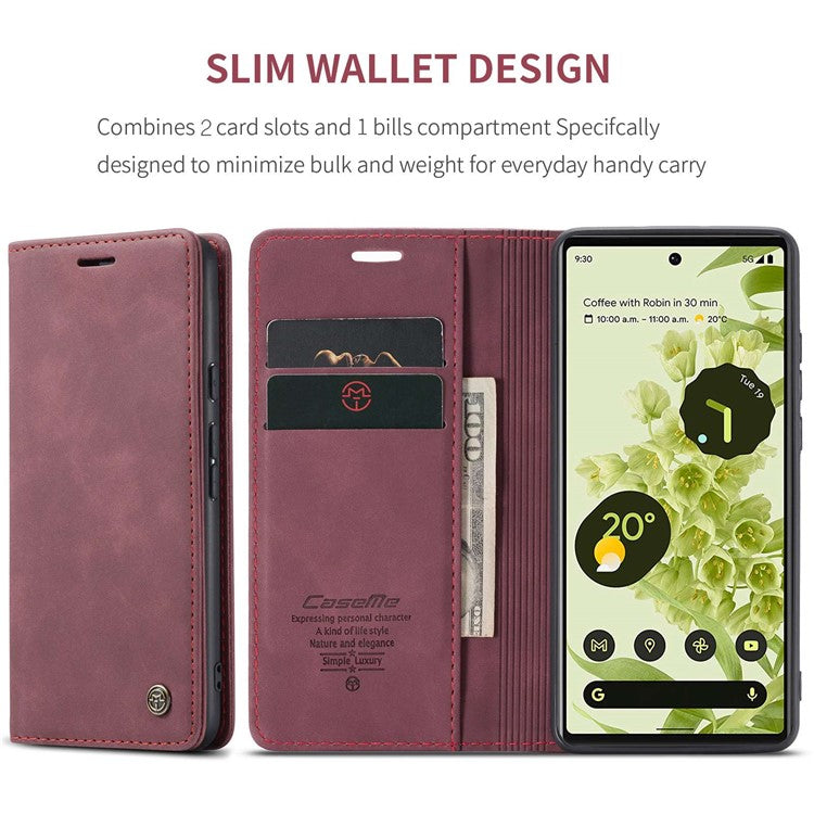 CASEME 013 Series Wallet Stand Design Lightweight Auto-absorbed PU Leather Flip Folio Phone Case for Google Pixel 6 - Red