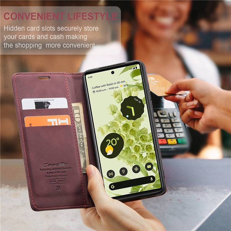 CASEME 013 Series Wallet Stand Design Lightweight Auto-absorbed PU Leather Flip Folio Phone Case for Google Pixel 6 - Red