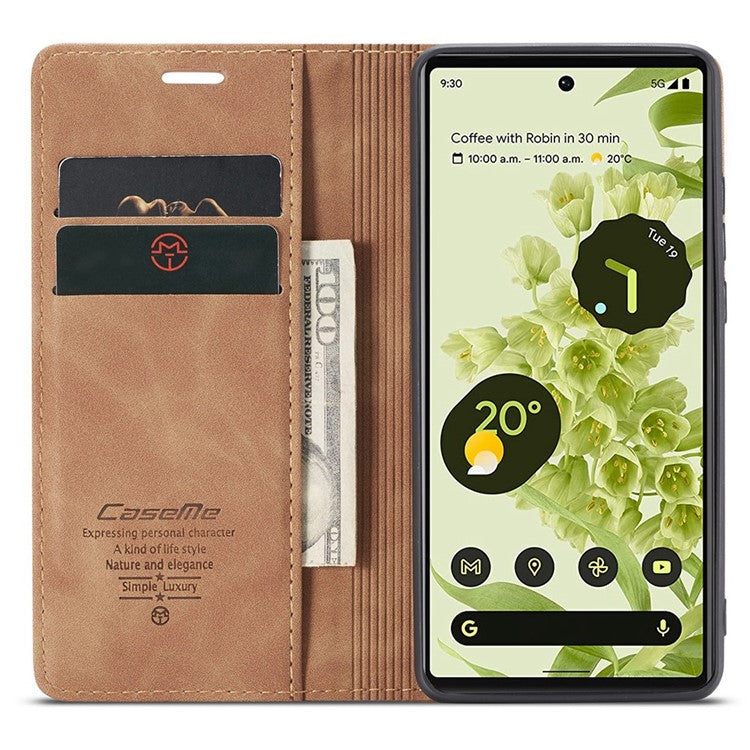 CASEME 013 Series Wallet Stand Design Lightweight Auto-absorbed PU Leather Flip Folio Phone Case for Google Pixel 6 - Brown