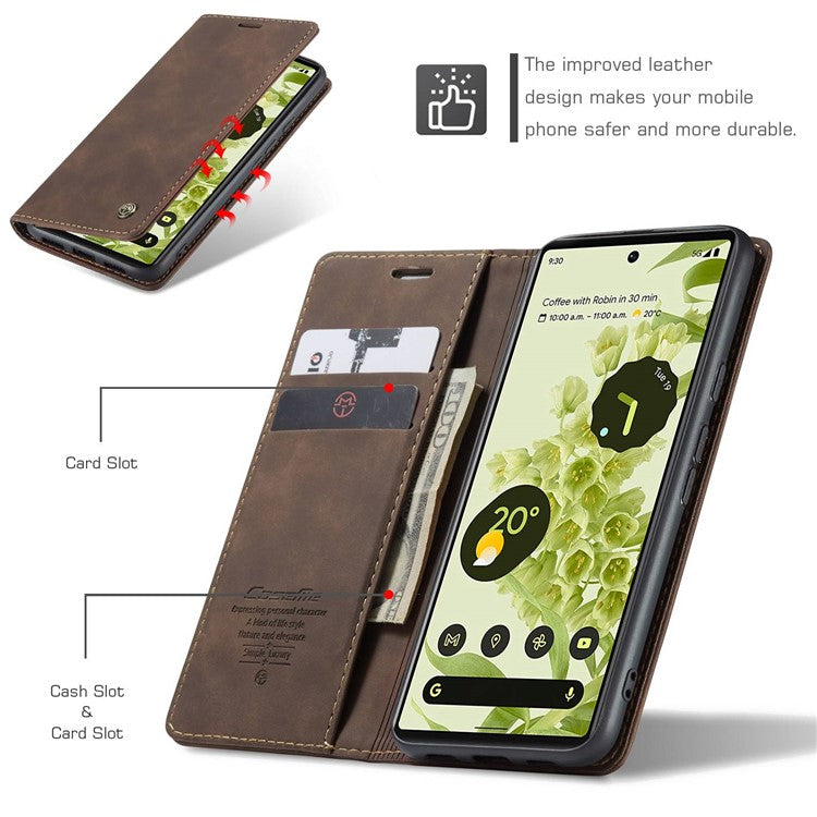 CASEME 013 Series Wallet Stand Design Lightweight Auto-absorbed PU Leather Flip Folio Phone Case for Google Pixel 6 - Coffee