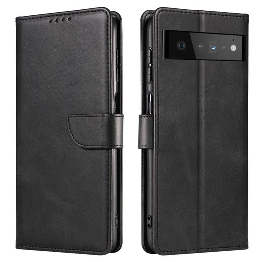 Folio Flip Magnetic Clasp Textured PU Leather + Soft TPU Phone Cover Case for Google Pixel 6 Pro - Black