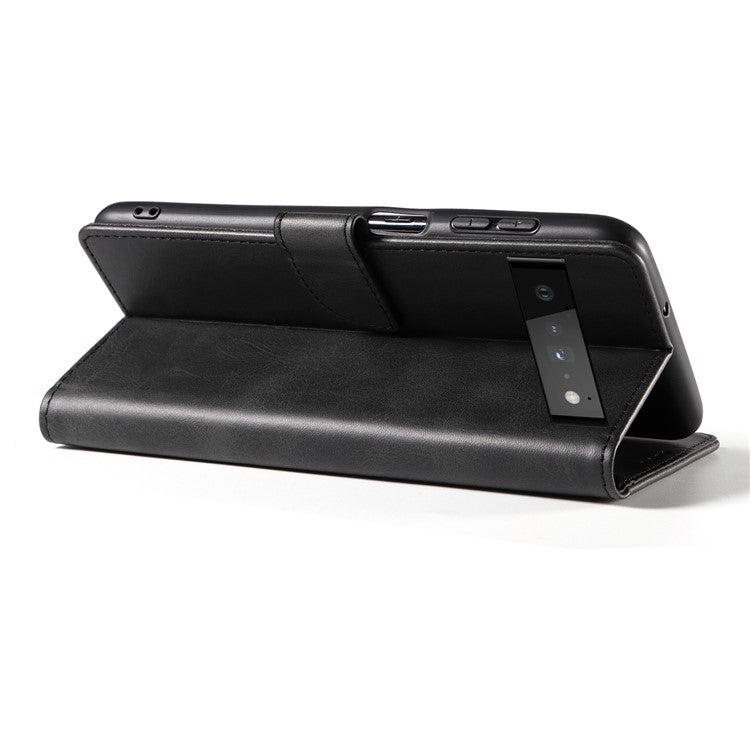 Folio Flip Magnetic Clasp Textured PU Leather + Soft TPU Phone Cover Case for Google Pixel 6 Pro - Black