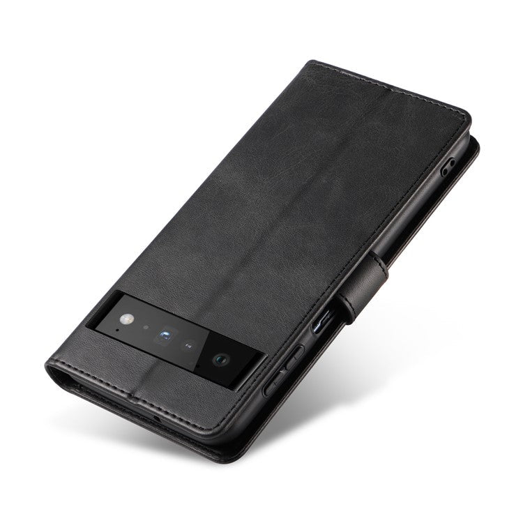 Folio Flip Magnetic Clasp Textured PU Leather + Soft TPU Phone Cover Case for Google Pixel 6 Pro - Black