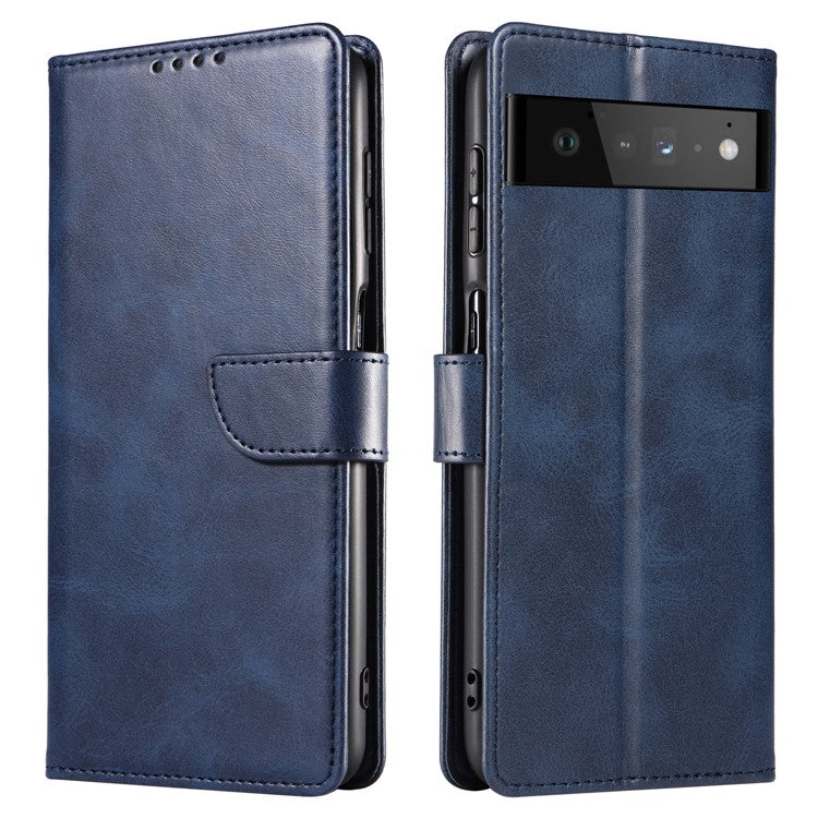 Folio Flip Magnetic Clasp Textured PU Leather + Soft TPU Phone Cover Case for Google Pixel 6 Pro - Blue
