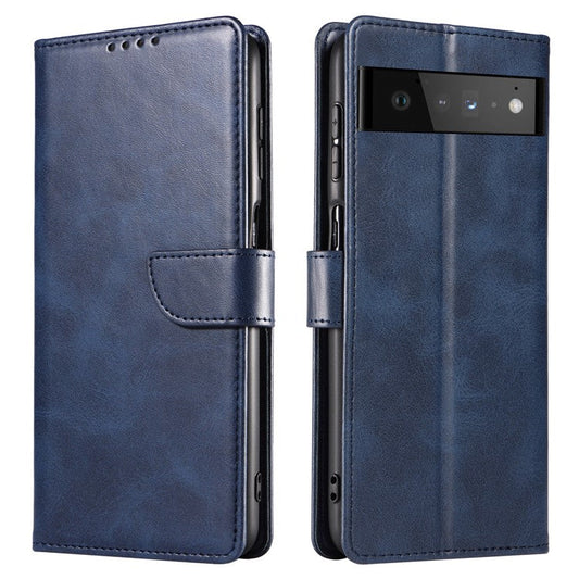 Folio Flip Magnetic Clasp Textured PU Leather + Soft TPU Phone Cover Case for Google Pixel 6 Pro - Blue